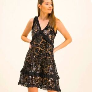 MICHAEL MICHAEL KORS Sequined Lace Ruffle-Trim Dress Black L